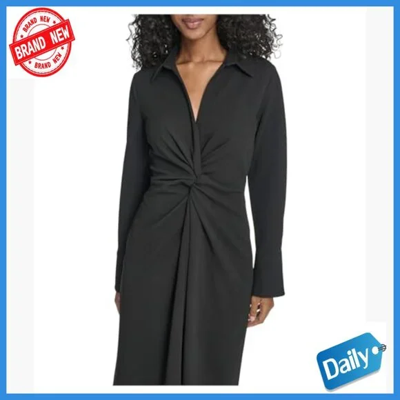 Long Sleeve Midi Dress with Collar and Twist Front, Polyester Blend